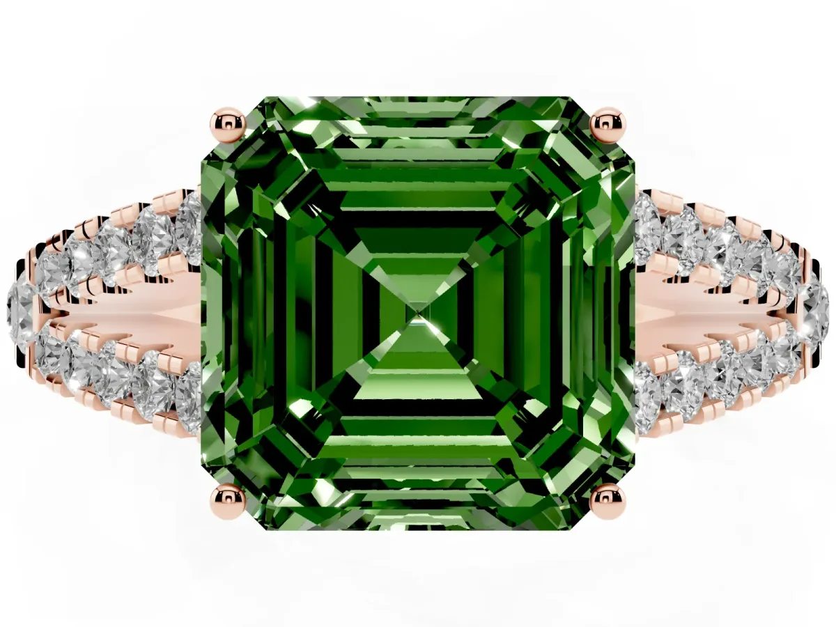 Fancy Green Asscher Cut Diamond Split Shank Pavé Engagement Ring with Four-Prong Setting Rose gold