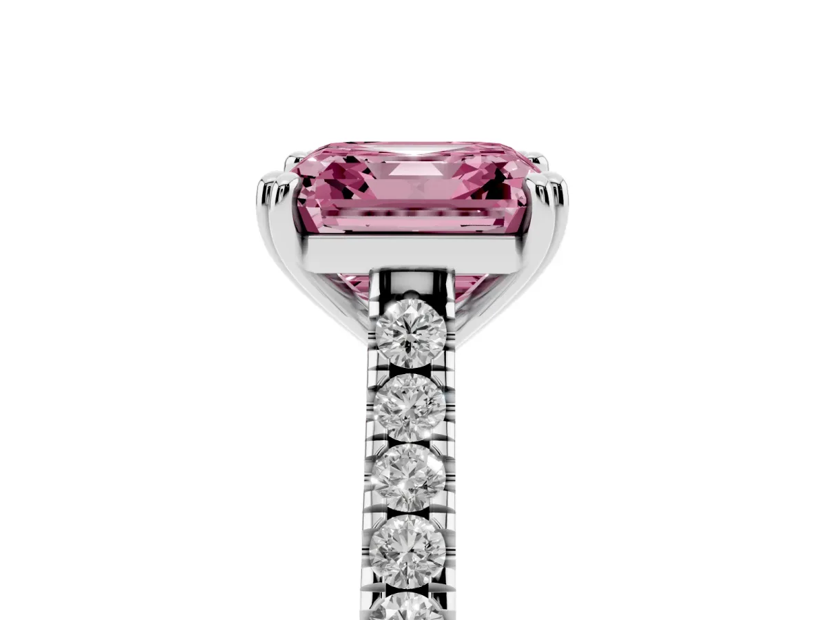Fancy Pink Asscher Cut Solitaire Pave Diamond Engagement Ring with Prong Setting Silver