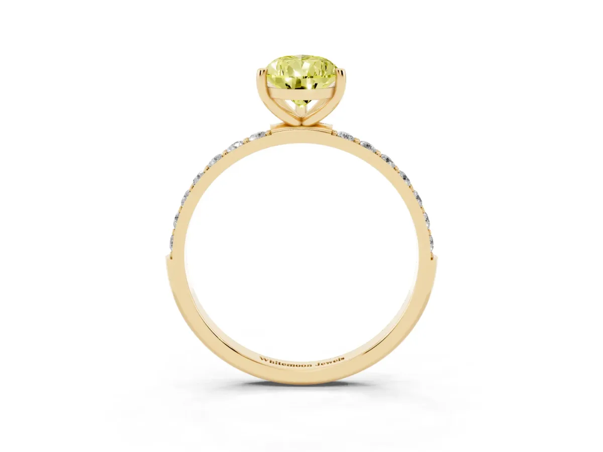Fancy Yellow Pear Cut Diamond Solitaire Ring with Round Pavé Shoulders and Prong Setting Yellow gold