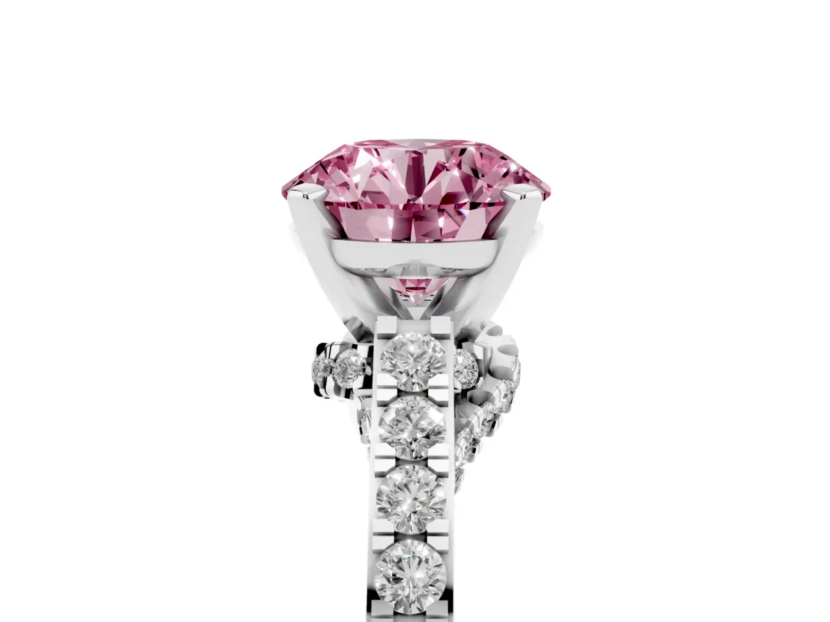 Fancy Pink Round Cut Diamond Solitaire Ring with Crossover Gallery and Round Pavé Band Silver
