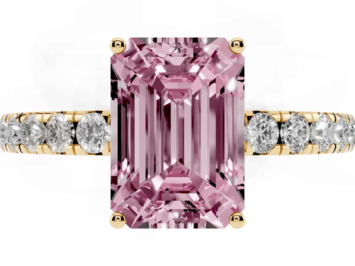 Fancy Pink Emerald Cut Diamond Pavé Solitaire Engagement Ring with Four-Prong Setting Yellow gold
