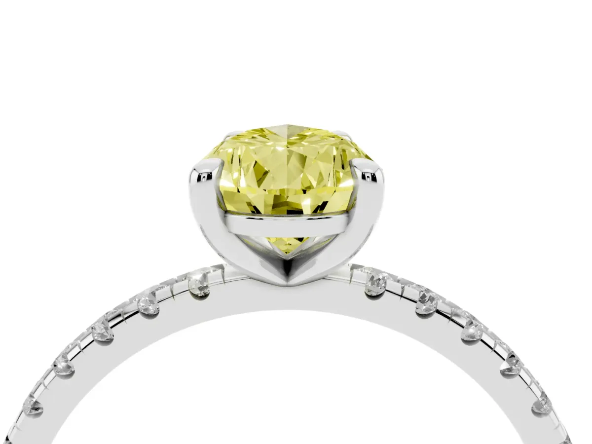 Fancy Yellow Pear Cut Diamond Brilliant Solitaire Ring with Pavé Band and Four-Prong Setting Silver