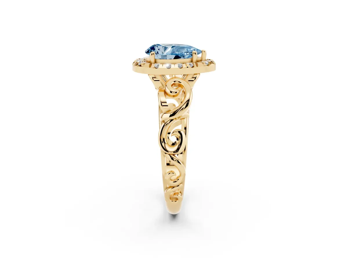 Fancy Blue Pear Cut Cut Halo Diamond Ring with Scrollwork Band and Four-Prong Setting Yellow gold