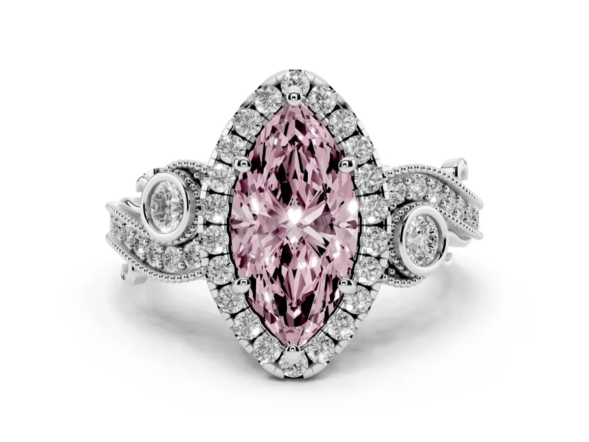 Fancy Pink Marquise Cut Halo Diamond Ring with Milgrain and Bezel Accents on a Split Shank Band White gold