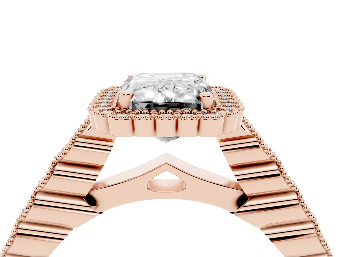 Emerald Cut Cut Halo Pavé Solitaire Ring with Milgrain Band Rose gold