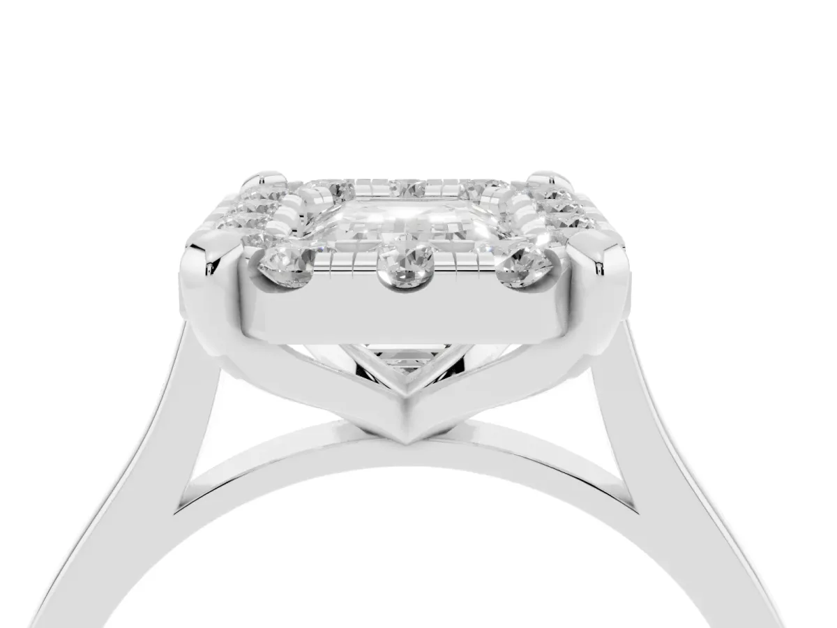 Emerald Cut Diamond Cluster Halo Solitaire with Four-Prong Setting Silver