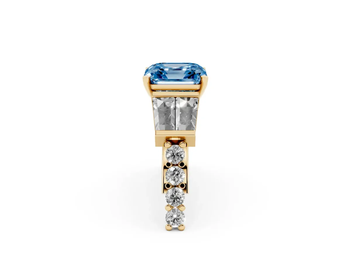 Fancy Blue Asscher Cut Diamond Engagement Ring with Baguette Side Stones and Channel Set Band Yellow gold