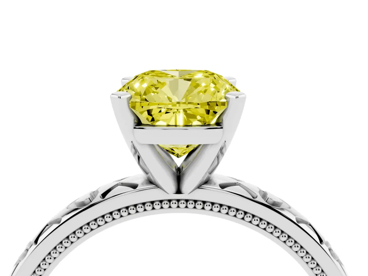 Fancy Yellow Cushion Cut Solitaire Diamond Engagement Ring with XO Engraved Band and Four-Prong Setting Platinum