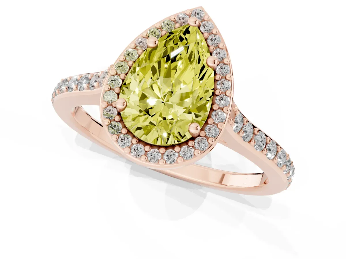 Fancy Yellow Pear Cut Diamond Halo Engagement Ring with Round Pavé Shoulders and Prong Setting Rose gold