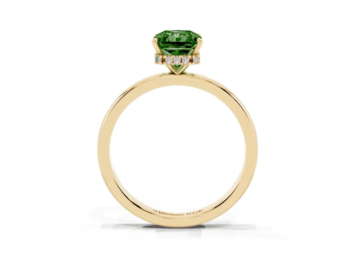 Fancy Green Radiant Cut Solitaire Engagement Ring with Cathedral Band and Four-Prong Setting Yellow gold