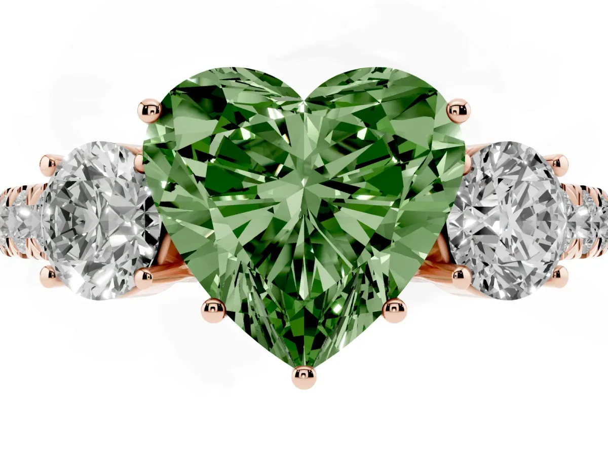 Fancy Green Heart Cut Cut Diamond Three-Stone Ring with Round Side Stones and Pavé Band Rose gold