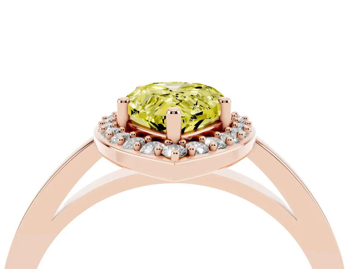 Fancy Yellow Pear Cut Halo Diamond Ring with Solitaire Band and Prong Setting Rose gold