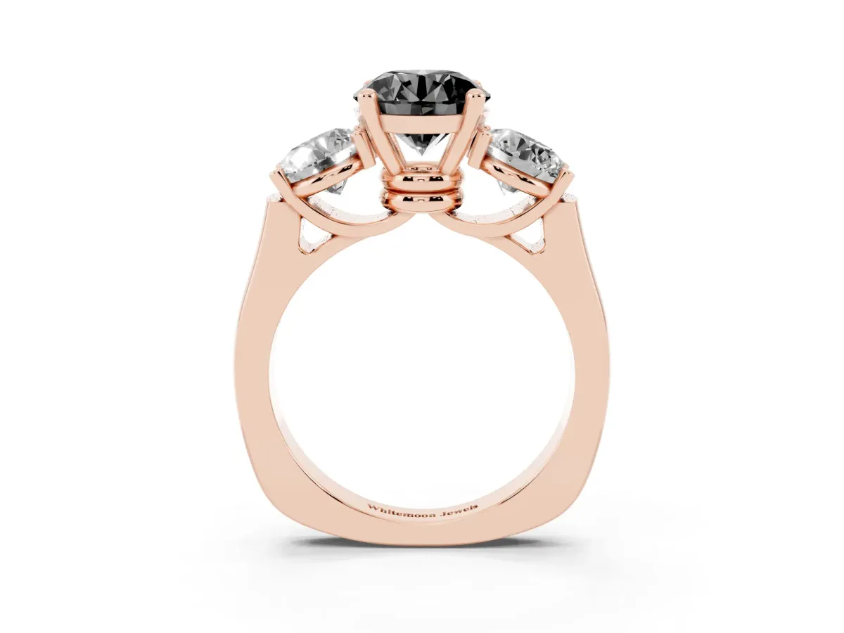 Fancy Black Three-Stone Round Cut Brilliant Diamond Trellis Ring with Comfort Fit Band Rose gold