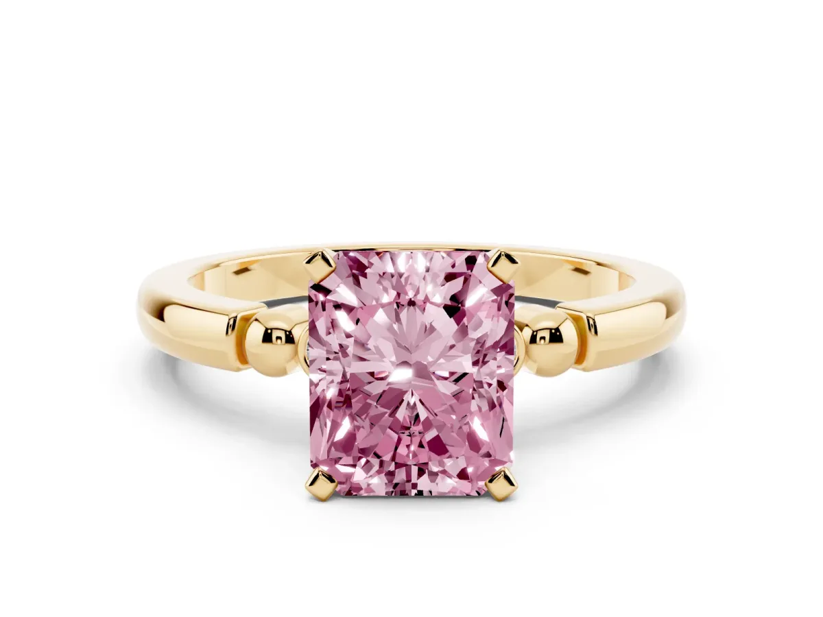 Fancy Pink Radiant Cut Solitaire Beaded Band with Four-Prong Setting Yellow gold