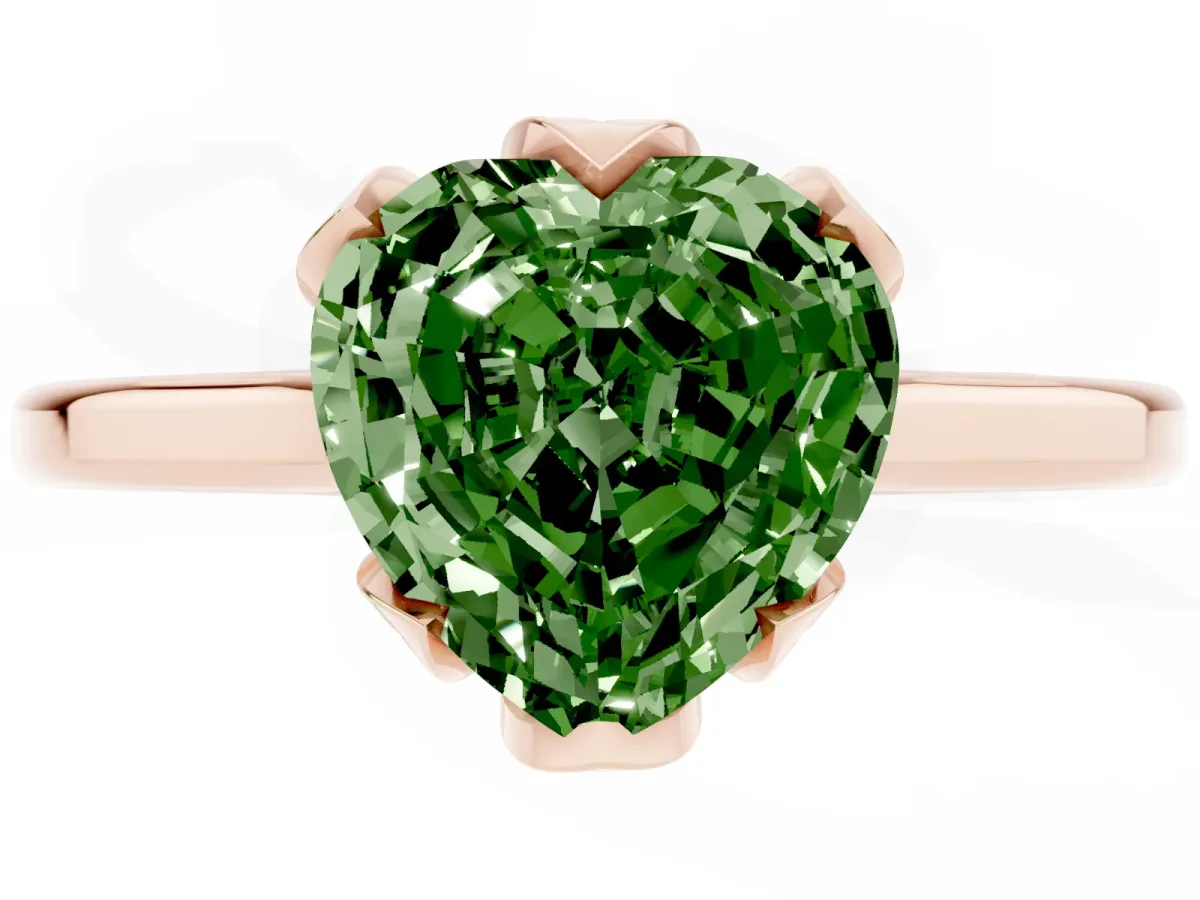 Fancy Green Heart Cut Diamond Solitaire Ring with Flower Prong Setting and Classic Band Rose gold
