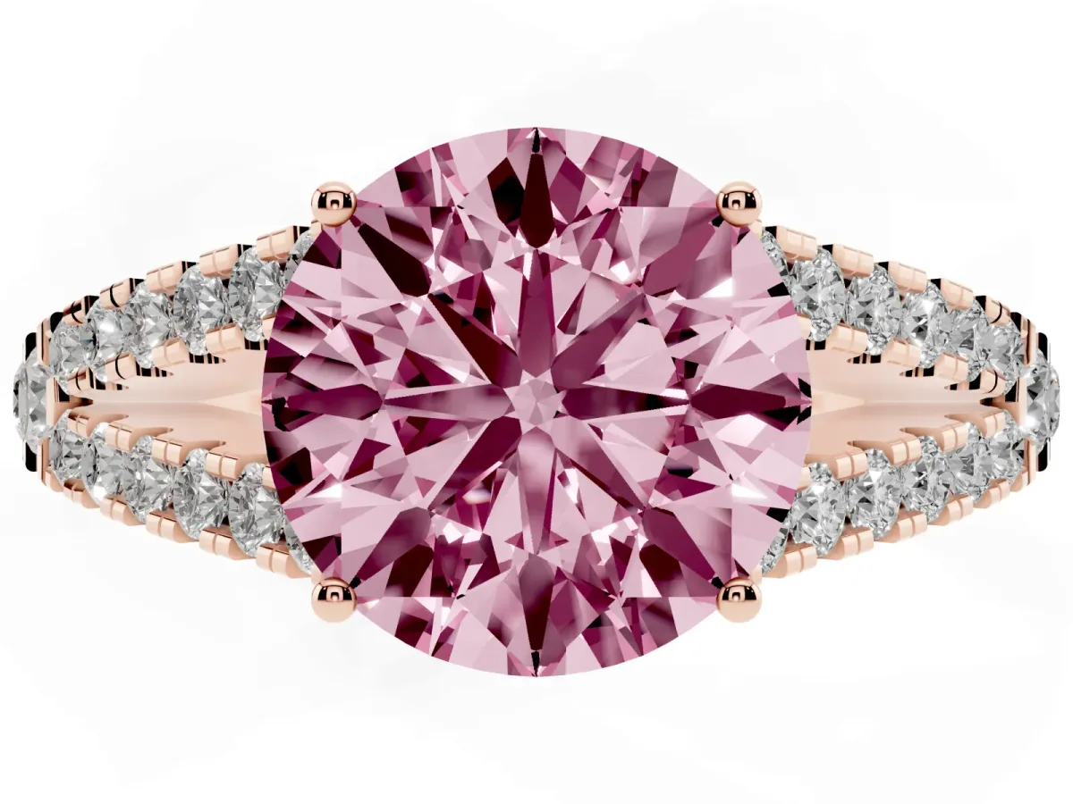 Fancy Pink Round Cut Diamond Split Shank Engagement Ring with Round Pavé and Prong Setting Rose gold