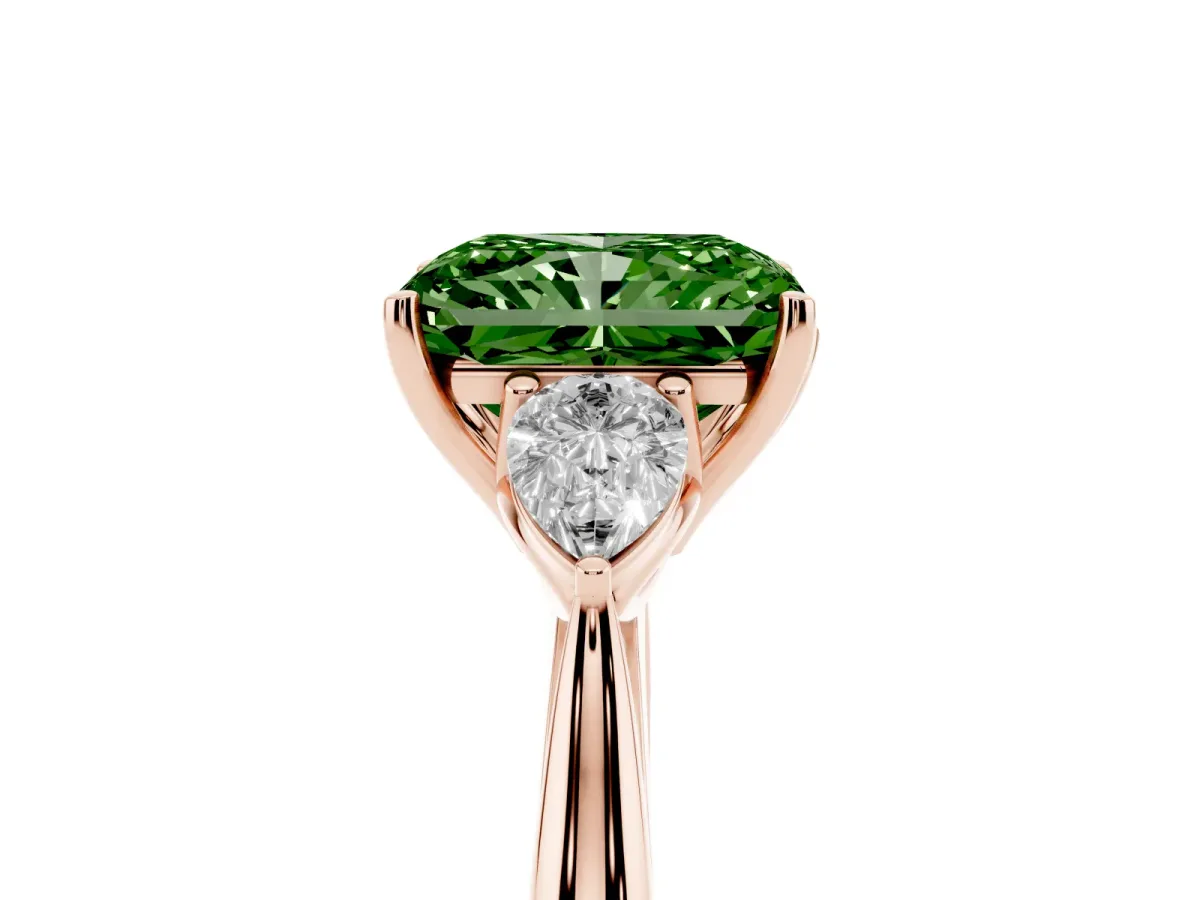 Fancy Green Three-Stone Radiant Cut Diamond Ring with Pear Side Stones in Four-Prong Setting Rose gold