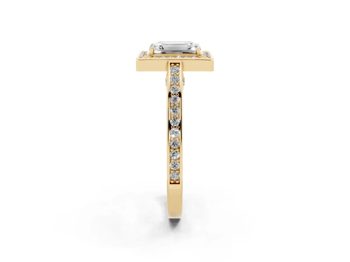 Emerald Cut Cut Halo Pave Split Shank Prong Setting Ring Yellow gold