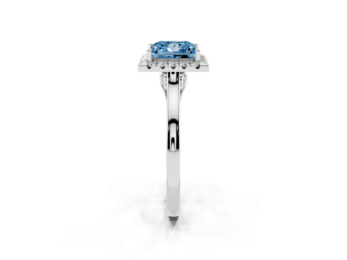 Fancy Blue Princess Cut Halo Round Diamond Solitaire Ring with Pavé Band and Four-Prong Setting Silver