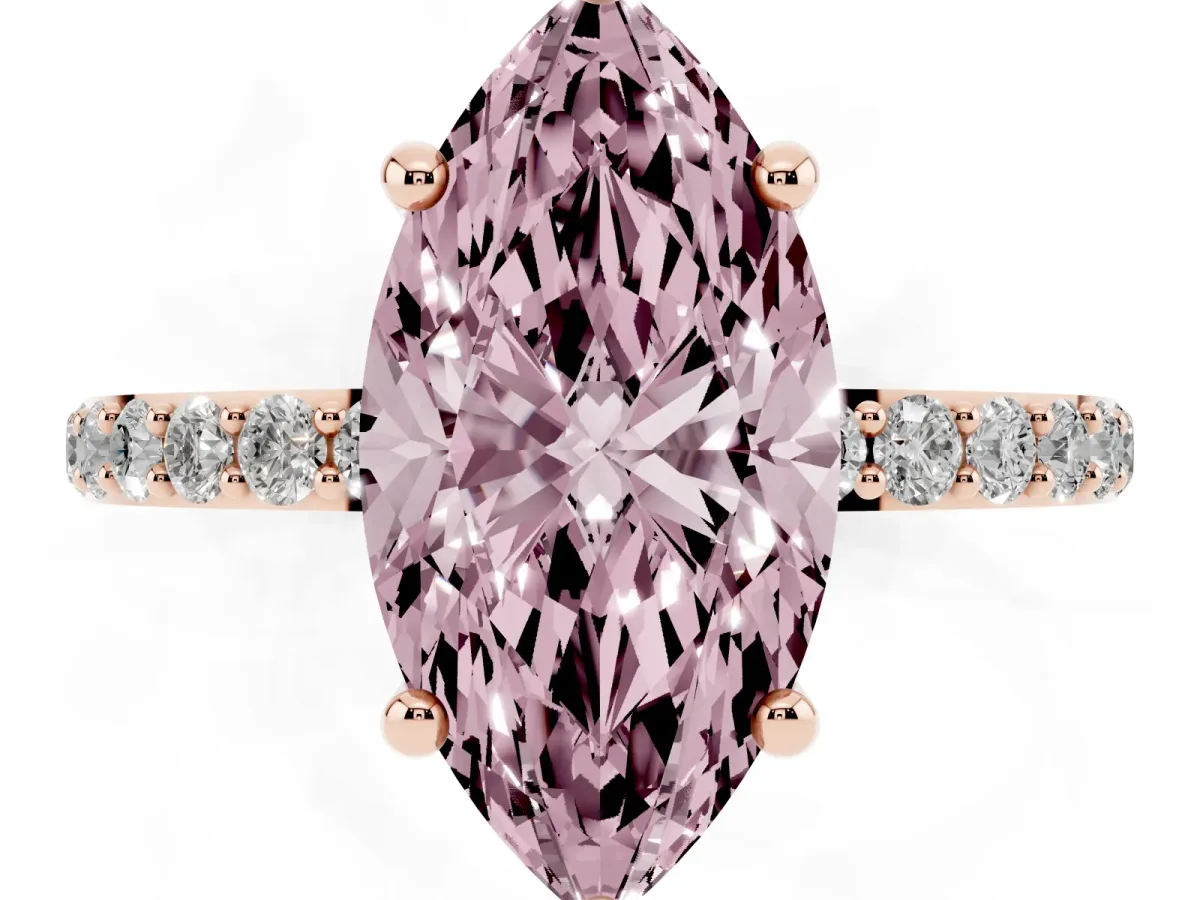 Fancy Pink Marquise Cut Diamond Solitaire Ring with Round Pavé Band and Prong Setting Rose gold