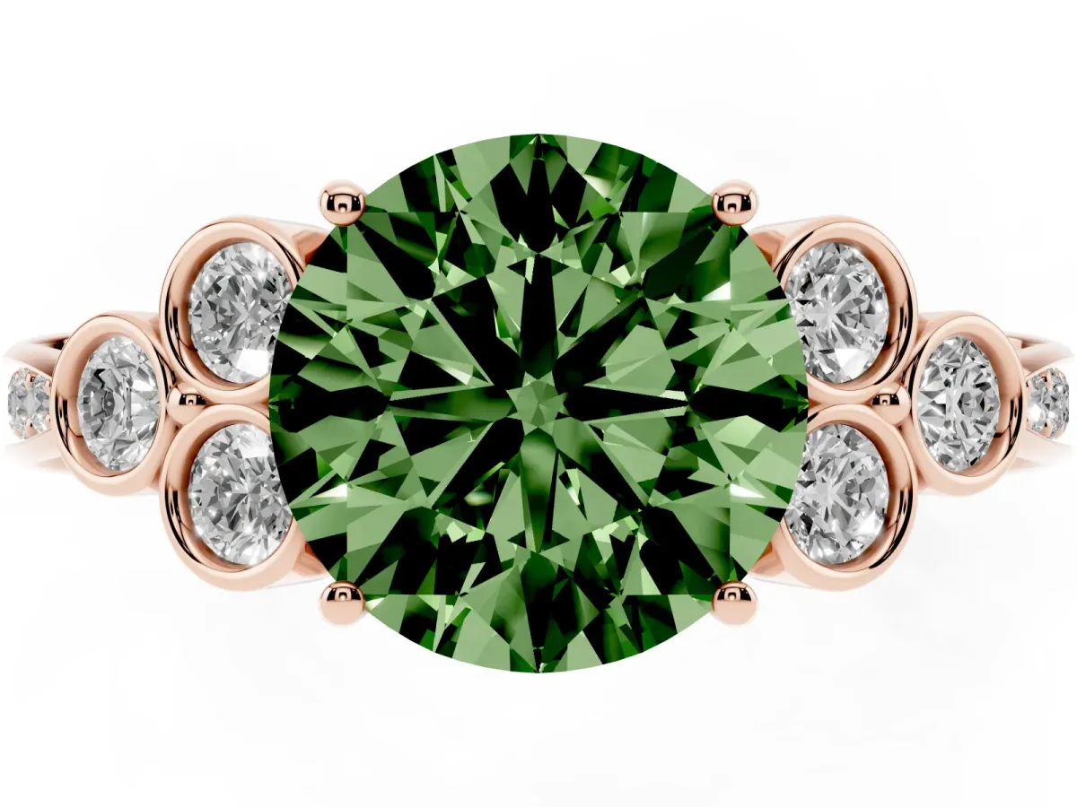 Fancy Green Round Cut Cut Diamond Engagement Ring with Bezel Set Round Side Stones and Prong Setting Rose gold