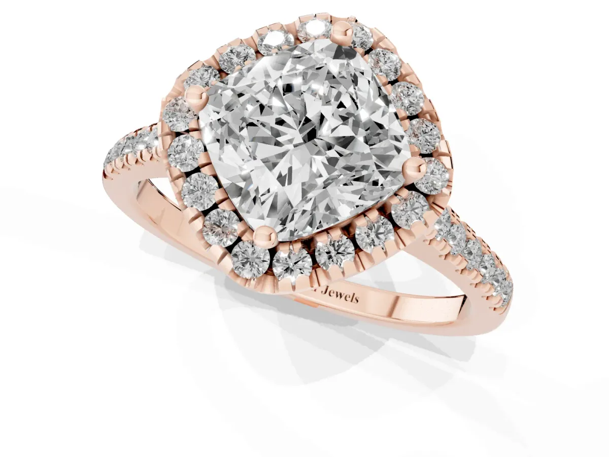 Cushion Cut Diamond Cushion Halo Ring with Pavé Band Rose gold