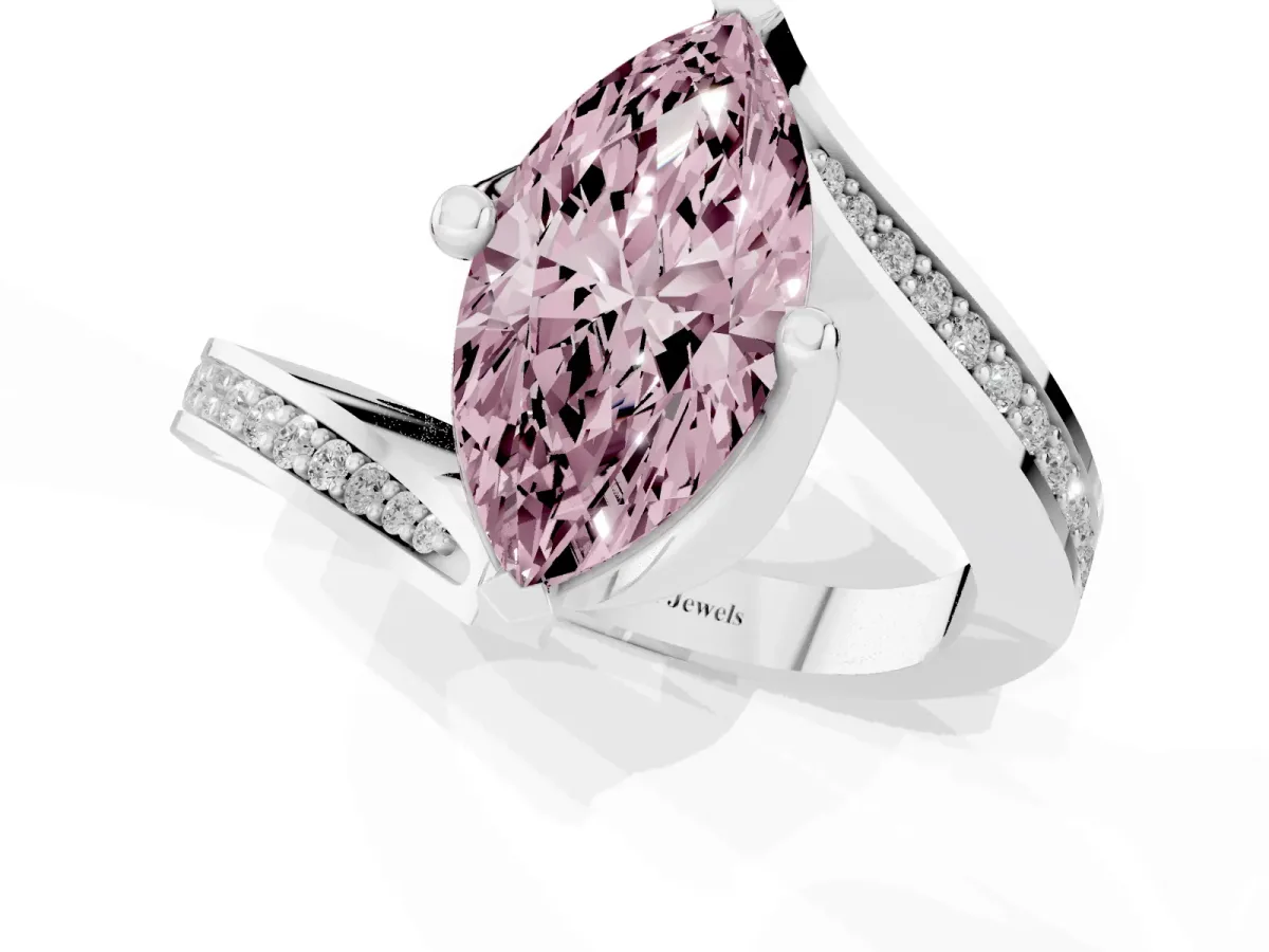 Fancy Pink Marquise Cut Solitaire Diamond Twist Band with Pavé Setting and Four-Prong Setting Platinum