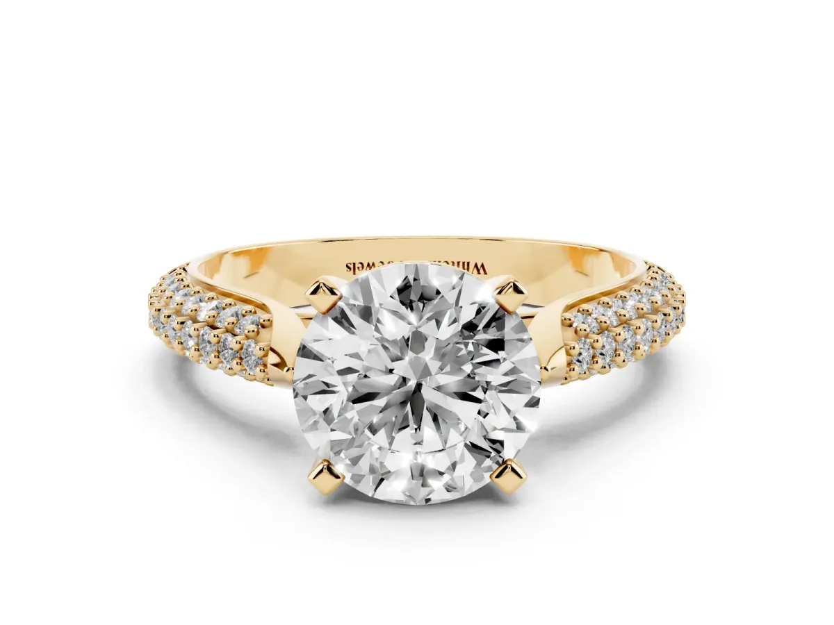 Round Cut Diamond Solitaire Engagement Ring with Multi-Row Round Pavé Band and Prong Setting Yellow gold
