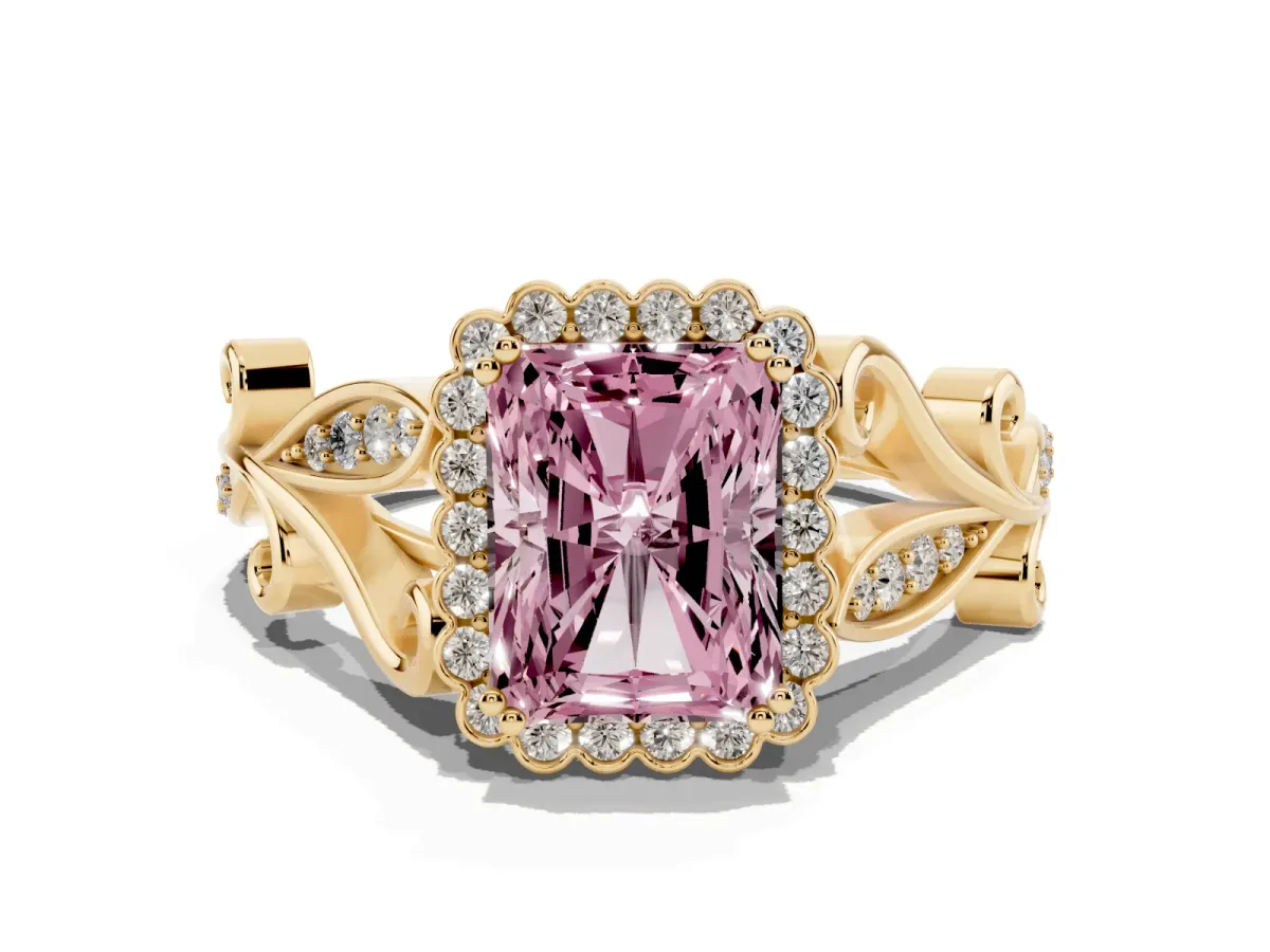 Fancy Pink Radiant Cut Diamond Halo Ring with Vintage Split Shank and Four-Prong Setting Yellow gold