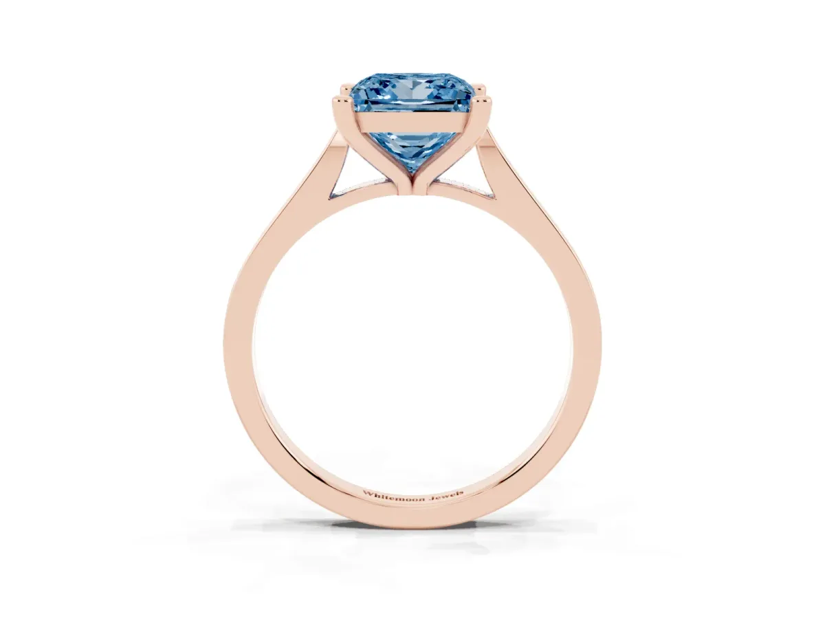 Fancy Blue Princess Cut Solitaire Diamond Ring with Four-Prong Setting and Tapered Band Rose gold