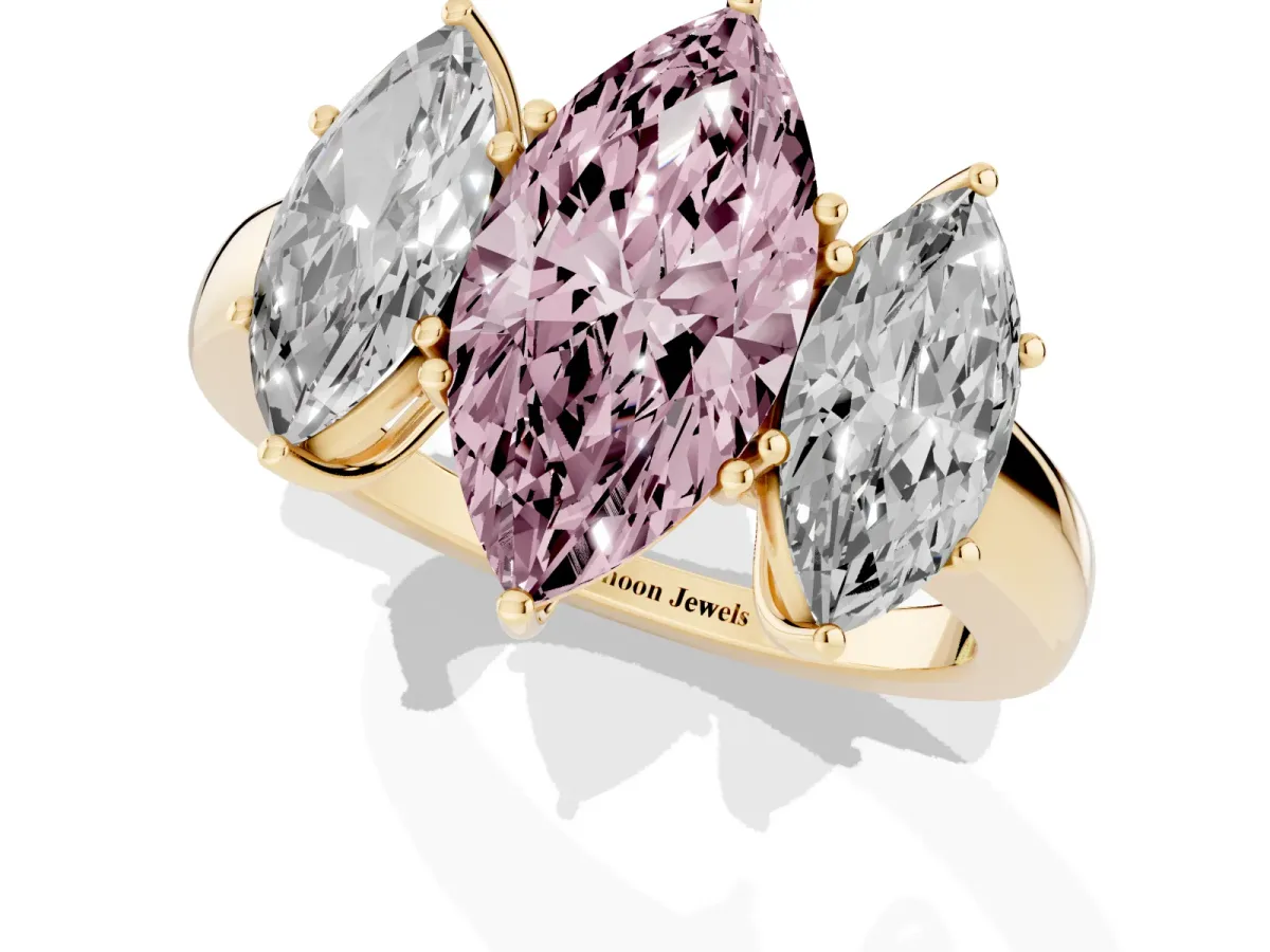 Fancy Pink Marquise Cut Diamond Three-Stone Ring with Four-Prong Setting and Classic Band Yellow gold