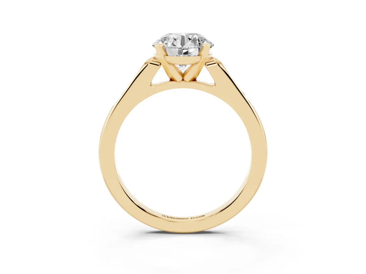 Round Cut Diamond Solitaire Ring with Channel Set Round Band and Prong Setting Yellow gold