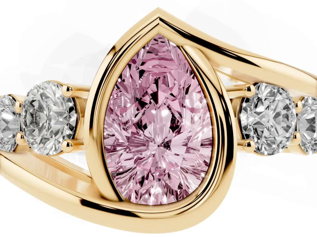 Fancy Pink Bezel Set Pear Cut Diamond Bypass Ring with Round Accents Yellow gold