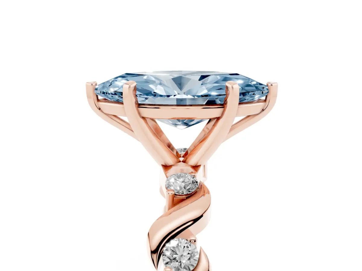 Fancy Blue Marquise Cut Diamond Solitaire Twisted Band with Round Accents and Prong Setting Rose gold