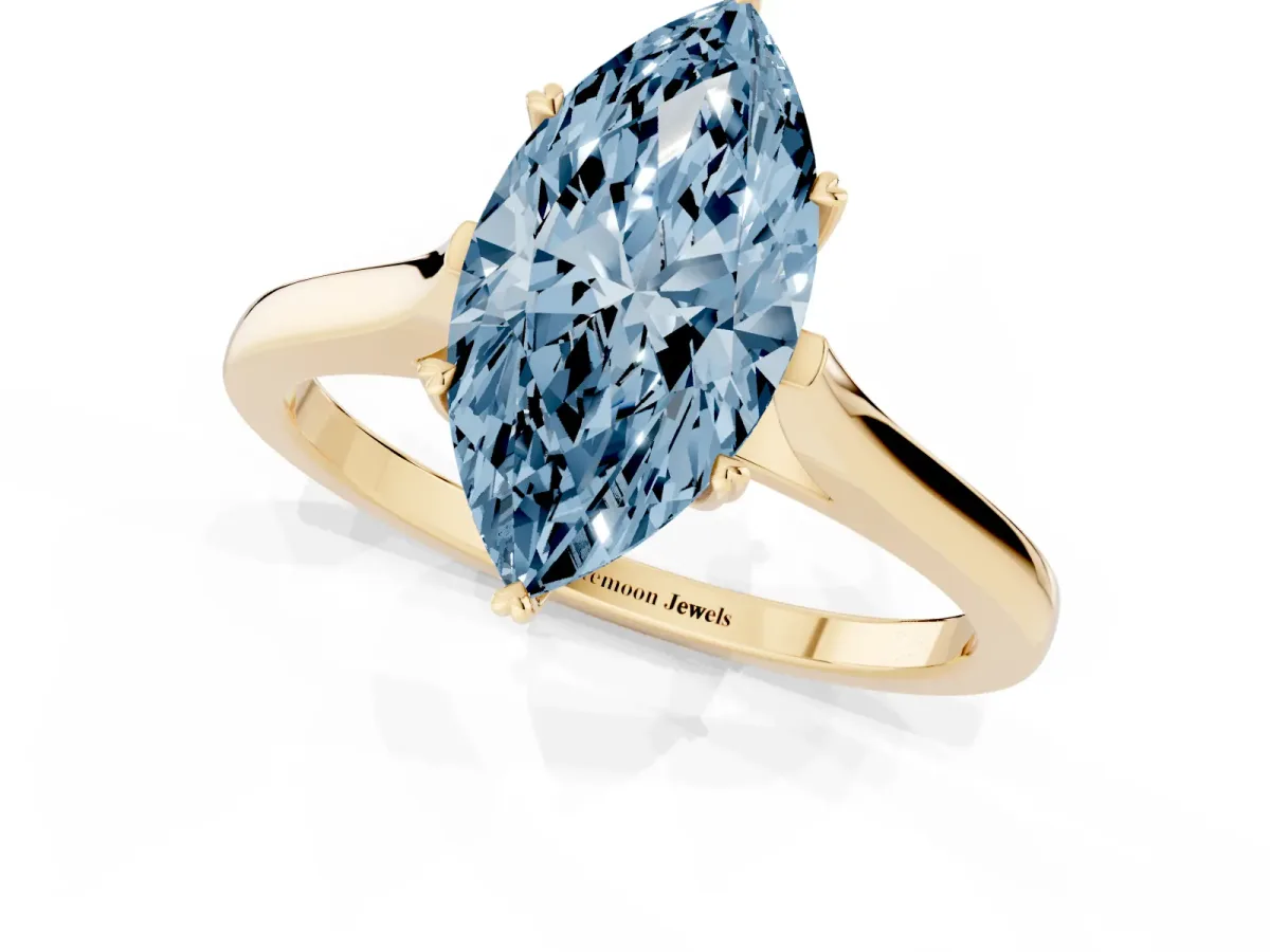 Fancy Blue Marquise Cut Solitaire Heart Prong Engagement Ring with Tapered Band Yellow gold