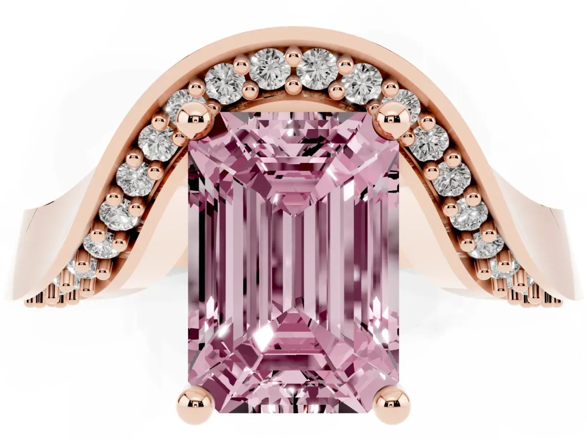 Fancy Pink Emerald Cut Solitaire Diamond Engagement Ring with Pave Band and Four-Prong Setting Rose gold