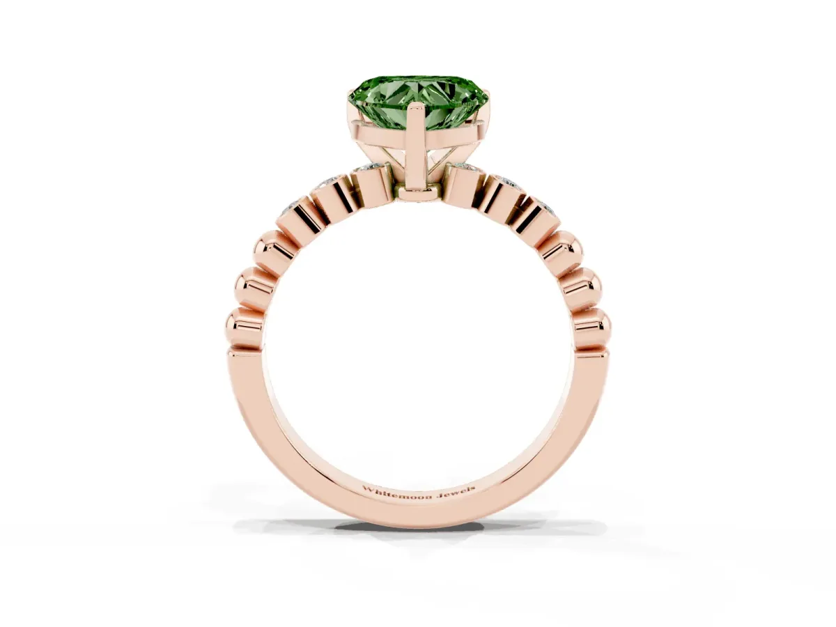 Fancy Green Heart Cut Solitaire Bezel Accent Diamond Engagement Ring with Beaded Band and Four-Prong Setting Rose gold