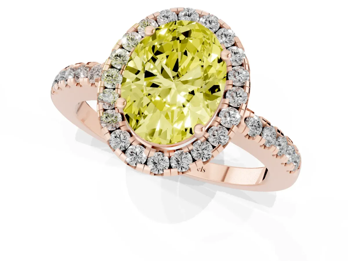 Fancy Yellow Oval Cut Halo Diamond Engagement Ring with Pavé Band and Four-Prong Setting Rose gold