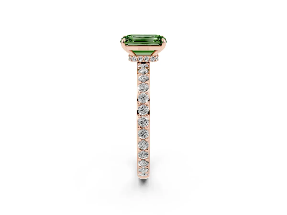 Fancy Green Emerald Cut Diamond Pavé Engagement Ring with Round Accents and Prong Setting Rose gold