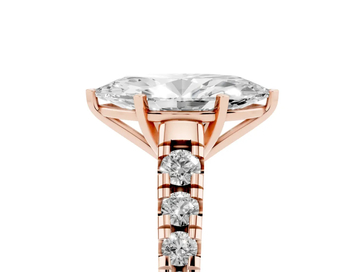 Marquise Cut Diamond Cathedral Solitaire Ring with Round Pavé Band Rose gold