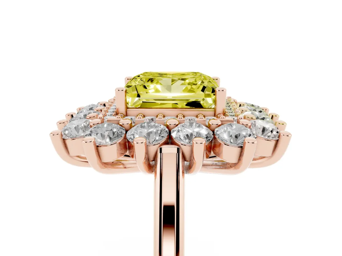Fancy Yellow Princess Cut Diamond Floral Double Halo Engagement Ring with Prong Setting Rose gold
