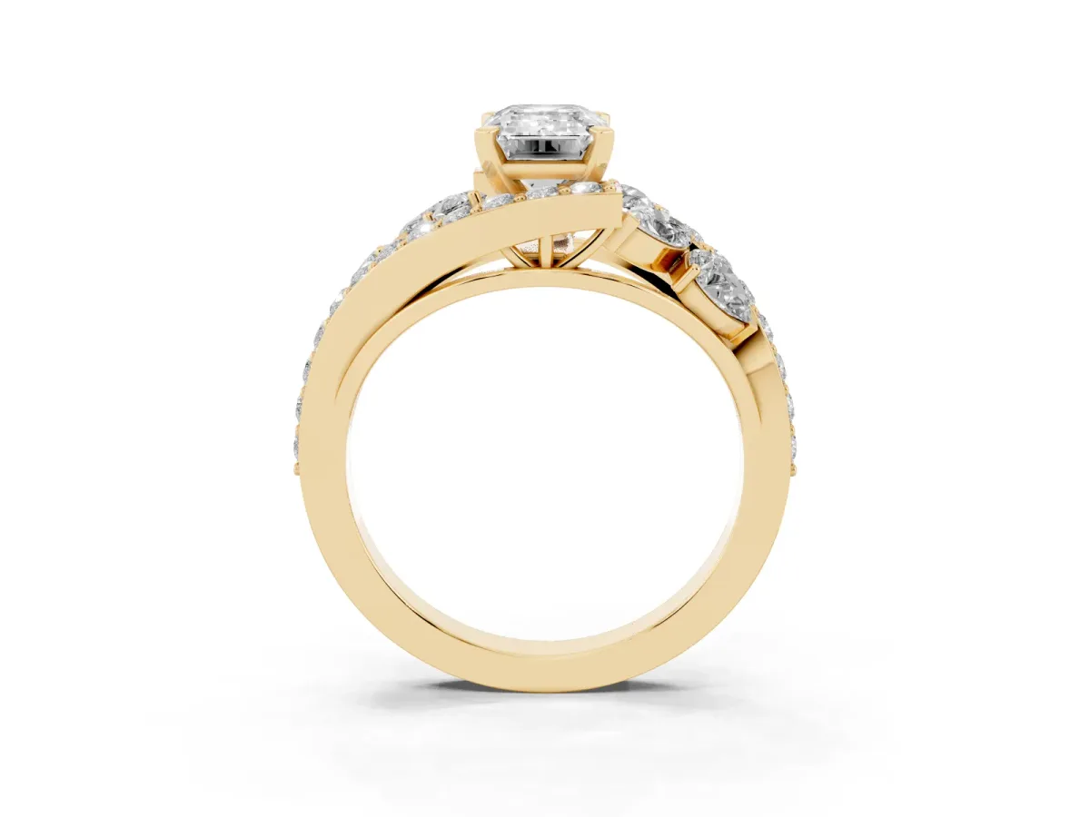 Emerald Cut Diamond Halo Ring with Marquise and Pavé Band in Prong Setting Yellow gold