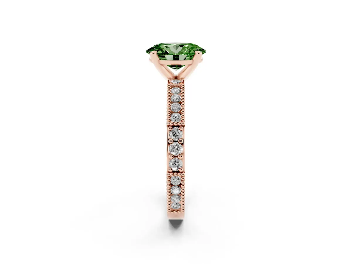 Fancy Green Oval Cut Solitaire with Pavé Band and Four-Prong Setting Rose gold