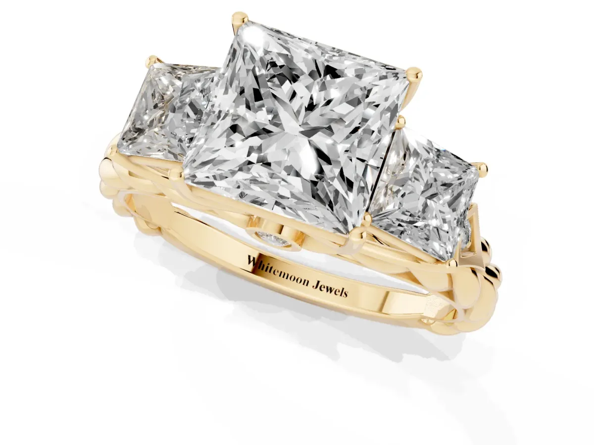 Three-Stone Princess Cut Diamond Braided Band Ring with Four-Prong Setting Yellow gold