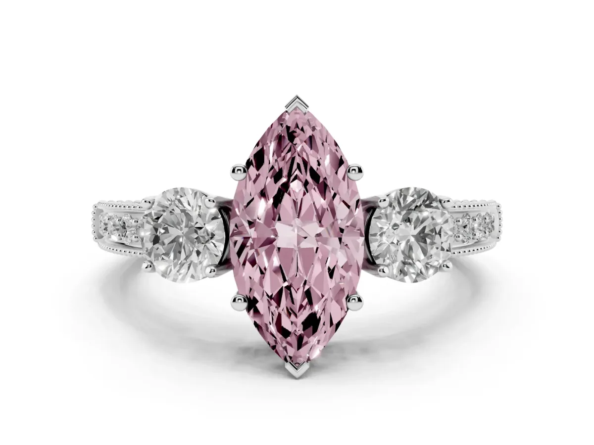 Fancy Pink Marquise Cut Three-Stone Diamond Ring with Pavé Band and Four-Prong Setting Silver
