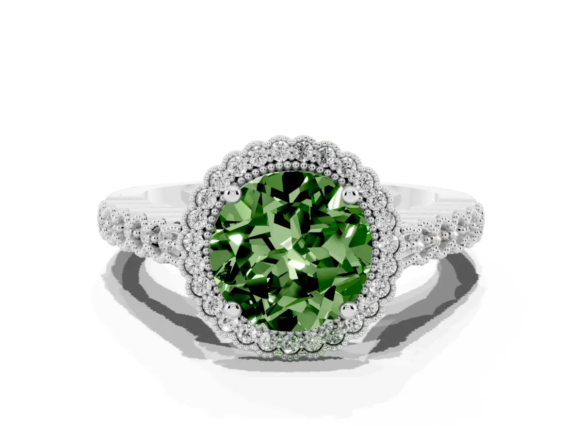 Fancy Green Round Cut Cut Halo Pavé Solitaire Ring with Milgrain Band Silver