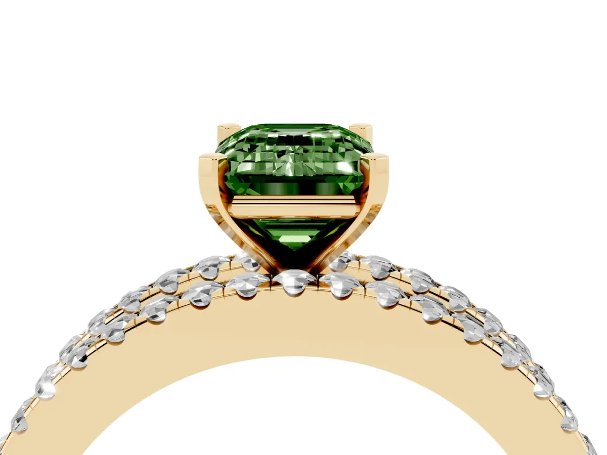 Fancy Green Emerald Cut Diamond Solitaire Ring with Pavé and Channel Set Band Yellow gold