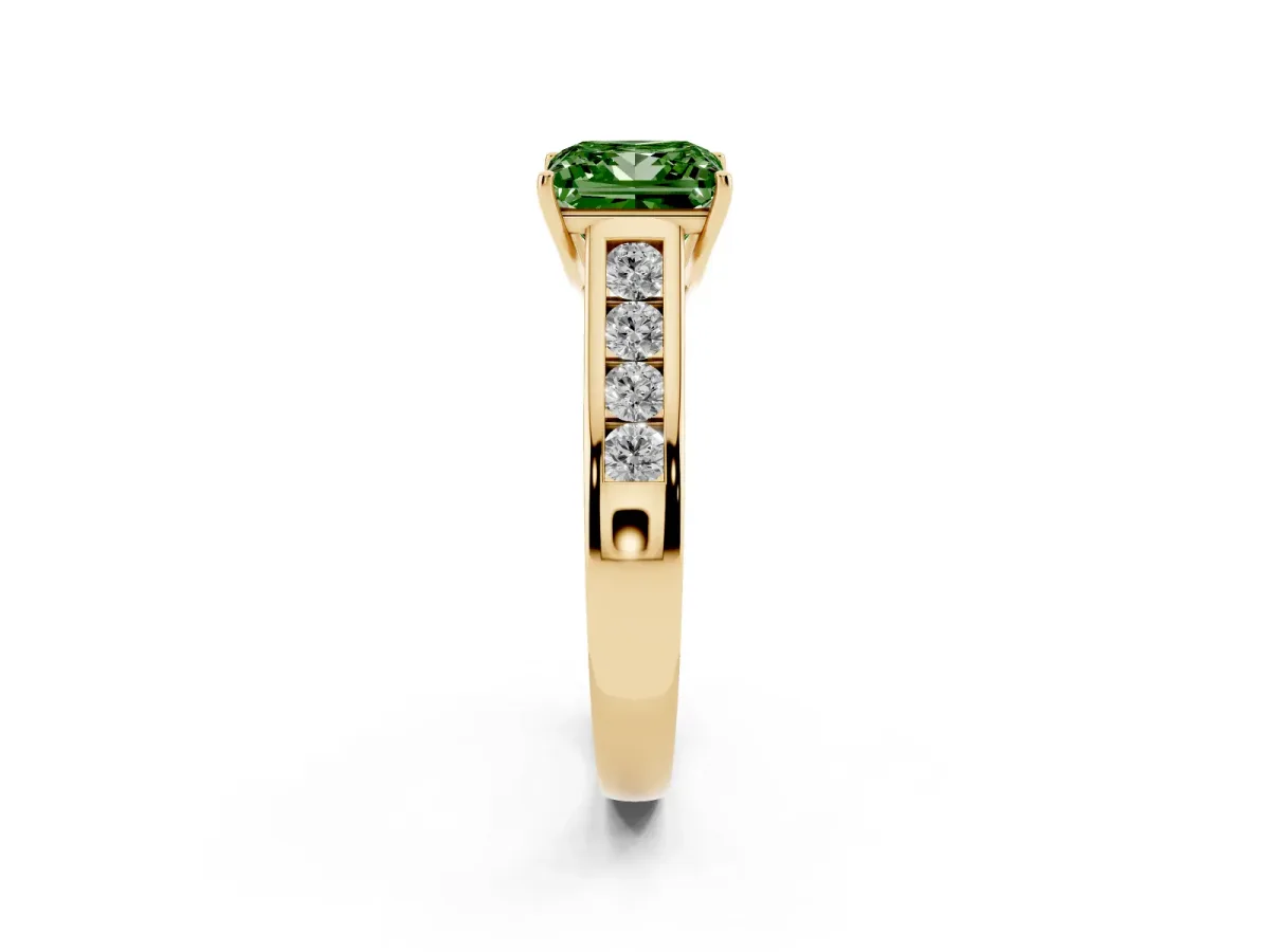 Fancy Green Princess Cut Solitaire Channel-Set Diamond Engagement Ring with Four-Prong Setting Yellow gold