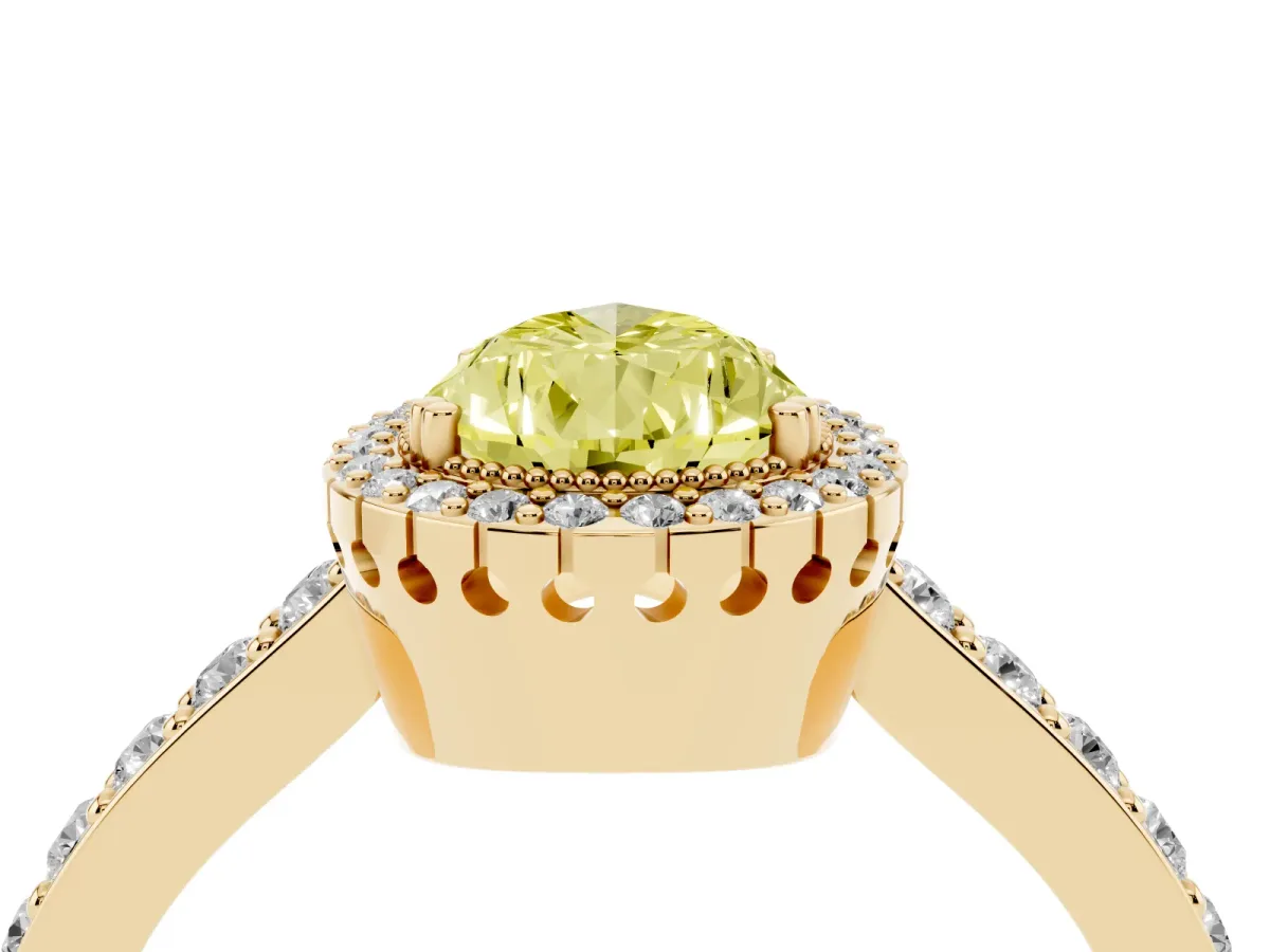 Fancy Yellow Pear Cut Cut Diamond Halo Engagement Ring with Milgrain Detail and Pavé Band Yellow gold