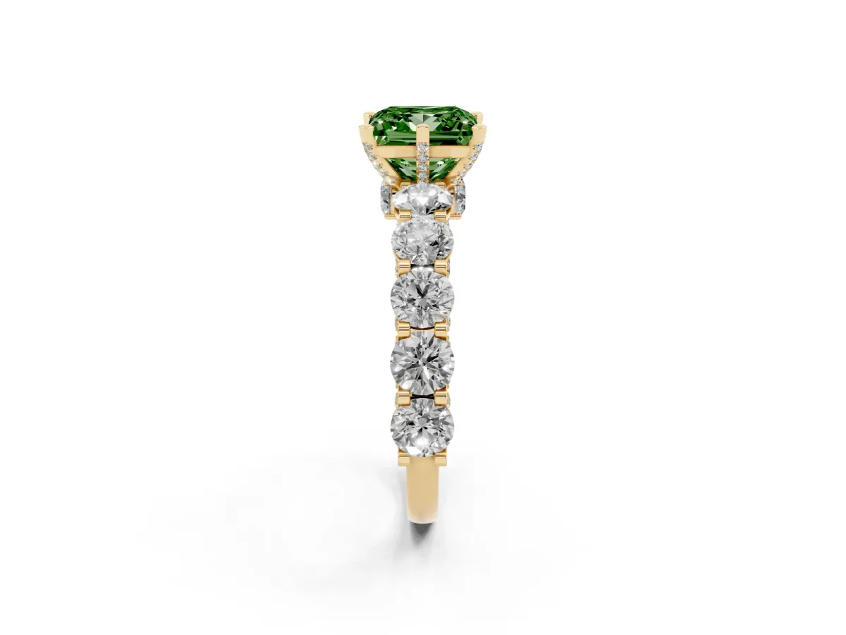 Fancy Green Princess Cut Diamond Side Stone Engagement Ring with Four-Prong Setting Yellow gold